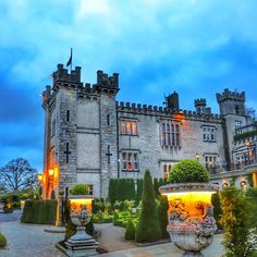 an old castle is lit up at night with lights on and bushes in the foreground