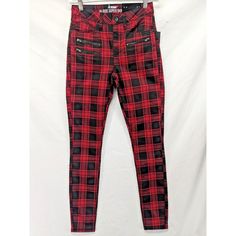 Brand New With Tags Fast Shipping Scene Clothing, Tokyo Fashion Street, Red Plaid Pants, Zipper Pants, Scene Outfits, Grey Plaid, Striped Jeans, Scene Fashion, Slim Leg Pants