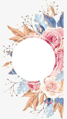 an oval frame with pink and blue flowers on the edges is surrounded by greenery