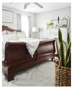 a bedroom with a large bed and a plant in the corner on the floor next to it