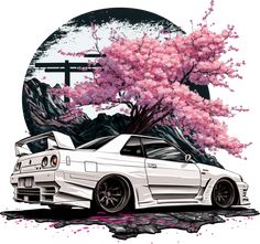 a white car parked under a tree with pink flowers on it's branches in front of a japanese landscape