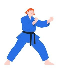 a woman in blue karate clothes is doing a kick with her arm out and one hand on