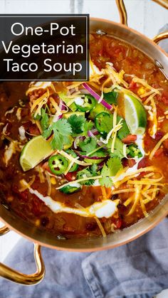 one pot vegetarian taco soup in a copper bowl