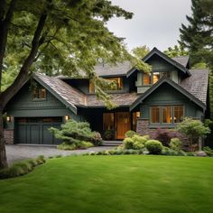 a large house with lots of windows and trees in the front yard, surrounded by lush green grass