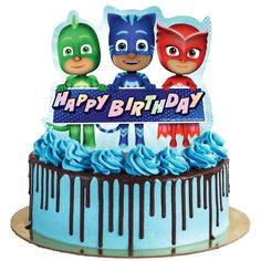 the birthday cake is decorated with three cartoon characters and has blue frosting on it