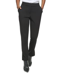 A timeless look you'll reach for Monday through Friday, these Calvin Klein ankle length pants feature a classic straight leg silhouette. Pair with the matching ruched sleeve blazer to complete your look. Approx. inseam: 29" Front rise: approx. 10-5/8"; back rise: approx. 15-3/4" Front zipper with hook and bar closure Two pockets at hips Polyester (32% reprocessed)/rayon/spandex Hand wash Imported Trendy Tapered Leg Dress Pants For Business Casual, Spring Business Pants In Elastane, Spring Business Elastane Pants, Spring Business Pants Made Of Elastane, Formal Straight Silhouette Bottoms For Spring, Formal Spring Bottoms With Straight Silhouette, Classic Spring Dress Pants With Elastane, Spring Classic Elastane Dress Pants, Classic Spring Dress Pants