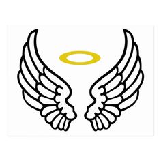 an image of two angel wings on a white square sticker with gold halo in the center