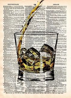 an old book page with a glass filled with ice and whiskey being poured into it