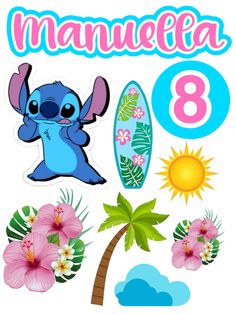 an image of a sticker with the number 8 on it and some tropical flowers