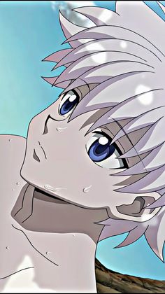 an anime character with white hair and blue eyes looking up at the sky in front of him