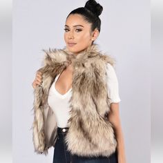 New With Tags Fur Vest Sleeveless Open Front Mock Neck 65% Acrylic 35% Polyester Fur Vest Outfits, Brown Fur Vest, Women Faux Fur Vest, Crop Denim Vest, Olive Green Vest, Fashion Nova Jackets, Black Puffer Vest, Fur Clothing, 60 Fashion