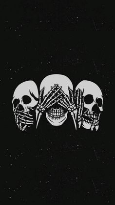 three skulls sitting next to each other on top of a black background with white lettering