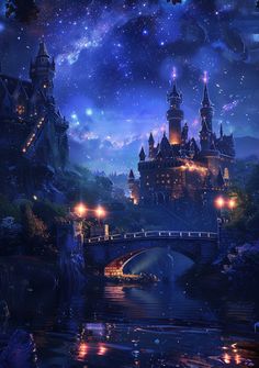 an image of a castle at night with stars in the sky and lights on it