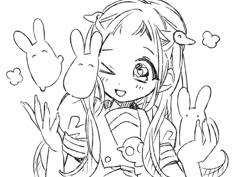 a girl with long hair and bunny ears holding her hands up in the air, while she