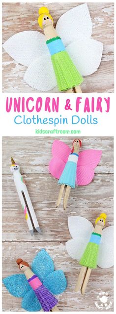 the unicorn and fairy clothespin dolls are made out of wood, with text overlay