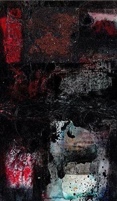 an abstract painting with black and red colors