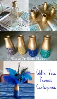 several different pictures of vases with glitter in them and the words glitter vase peacock centerpiece