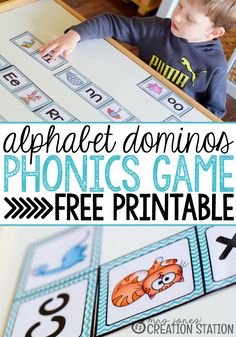 a young boy is playing with the alphabet dominos game free printable for kids