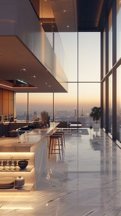 an open kitchen and dining area with large windows overlooking the city at sunset or dawn