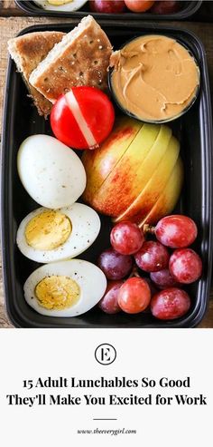 two trays filled with different types of food and the words, 15 adult lunchables so good they'll make you excited for work