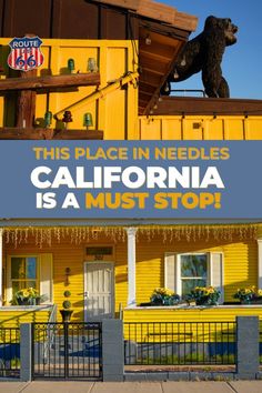 this place in needles california is a must stop sign with a black dog on top