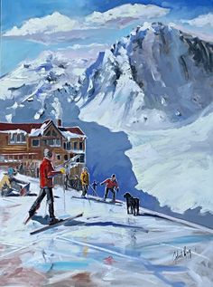 a painting of skiers and their dogs in the snow near a mountain lodge with houses