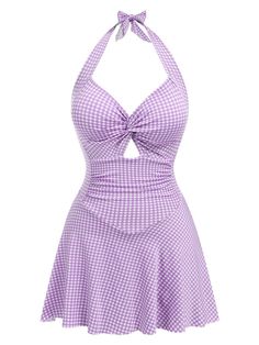 [Pre-Sale] Purple 1930s Plaid Halter One-Piece Swimsuit Vintage Fitted Halter Neck Swimwear, Retro Fitted Lined Swimwear, Retro Fitted Sleeveless Swimwear, Retro Fitted Halter Neck Swimwear, Retro Halter Neck Fitted Swimwear, Ballet Inspired Fashion, Purple Swimsuit, Bathing Suit Dress, Swimsuit Blue