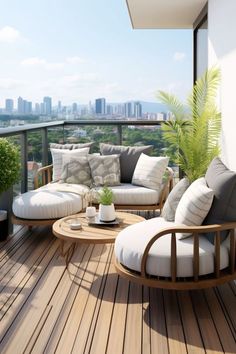 a balcony with couches, chairs and tables on the wooden deck overlooking the city