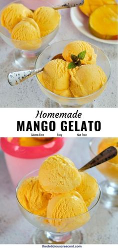 homemade mango gelato in small glass bowls with spoons