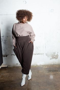 Long Sleeved High Neck Top-JIBRI Relaxed fit Boat Neck with chic long sleeves Fabrication: Ponte Sizing: True to Size (View Size Chart) Handmade in Atlanta, GA Style Notes: Effortlessly stylish and flattering for all body types. Tomboy Chic Plus Size, Woman Plus Size Outfits, Plus Size Winter Outfits Dressy, Plus Size Women Outfits, Plus Sized Woman, High Neck Long Sleeve Top, Plus Size Posing, Slouch Pants, Lesbian Fashion