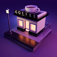 a small coffee shop with a cup of coffee on the roof and a street light next to it