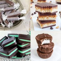 several different types of desserts are shown in this collage, including chocolate and marshmallows