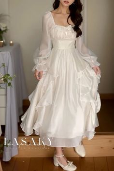 Fairytale Outfits, Dream Daughter, Aesthetic Outfits Y2k, Maxi Dress With Long Sleeves, 18th Bday, Frilly Dresses, Long White Dress, Clothing Designs, Dress Aesthetic