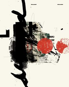 an abstract painting with black, red and white circles on it's side that reads cross section