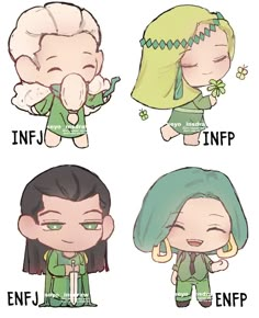 four cartoon characters with different expressions on their faces and body, one has green hair