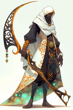 the character is dressed in traditional arabic clothing and holding a long, ornate staff with an intricate design on it