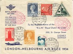 an old envelope with stamps on it and the words london - melbourne air race 1934