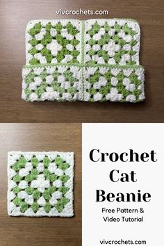 the crochet cat beanie pattern is shown in green and white