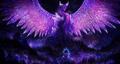 a large purple bird with big wings on it's back