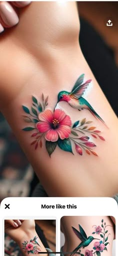 a woman's stomach with flowers and hummings on it, including the bottom half of