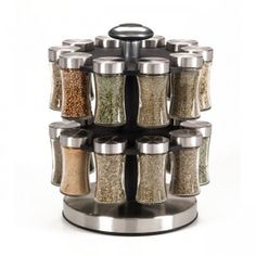 a spice rack with six different spices on the top and one in the bottom section