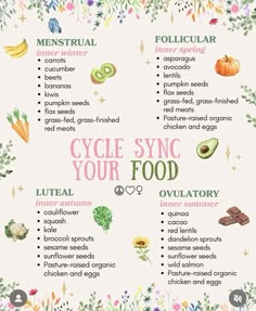 Eating Around Your Cycle, Phases Of Menstrual Cycle Food, Food For Each Cycle Phase, Eating Menstrual Cycle, Period Cycle Phases Food, Cycle Sync Food, Foods For Cycle Phases, What To Eat During Your Cycle, Foods While On Period