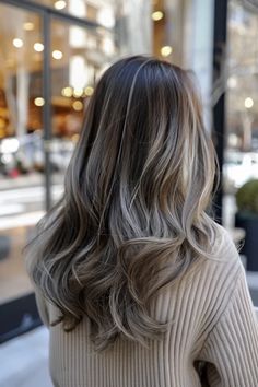 Balayage For Dark Brown Hair To Hide Grays, Light Brown Ash Hair With Highlights, Hiding Gray Hair Brunette, Brown Hair Silver Highlights, Ash Gray Highlights, Ash Silver Balayage, Highlights To Hide Gray Hair Brunettes, Hair Silver Highlights, Ash Brown Hair Balayage