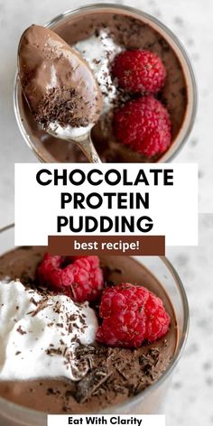 chocolate protein pudding with whipped cream and raspberries