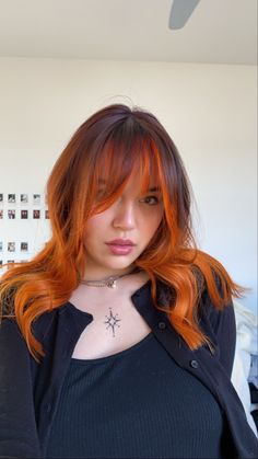 Orange Dye On Brown Hair, Orange Hair With Brown Roots, Orange Color Block Hair, Brown To Orange Hair, Orange Balayage Hair, Hair Color Blocking, Brown And Orange Hair, Orange And Red Hair, Orange Hair Ideas