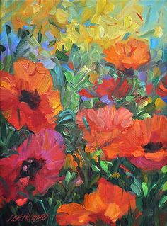 an oil painting of red and yellow flowers