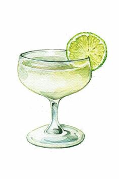 a watercolor drawing of a margarita cocktail with a lime slice on the rim and garnish