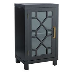 a black cabinet with glass doors and gold handles on the front, against a white background