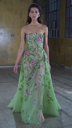 Prom Dress Inspiration Unique, Tony Ward Green Dress, Floral Couture Gown, Multicolor Formal Dress, Whimsical Theme Party Outfit, Maximalist Prom Dress, Unique Green Dress, Colourful Formal Dress, Unconventional Prom Dress