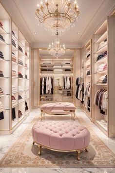 a walk - in closet with chandelier, pink bench and clothes on shelves